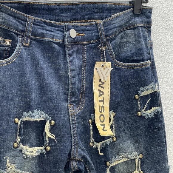 Watson Men's Stacked Studded Jeans Blue Size 34 | Designer Denim - Picture 3 of 7